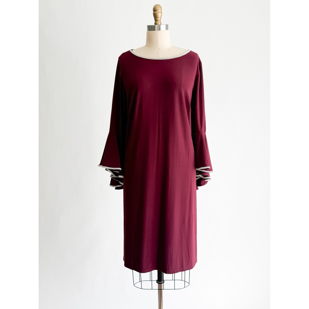 Studio Badgley Mischka Bell Sleeve Rhinestone Trim Dress 1X Burgundy Shift